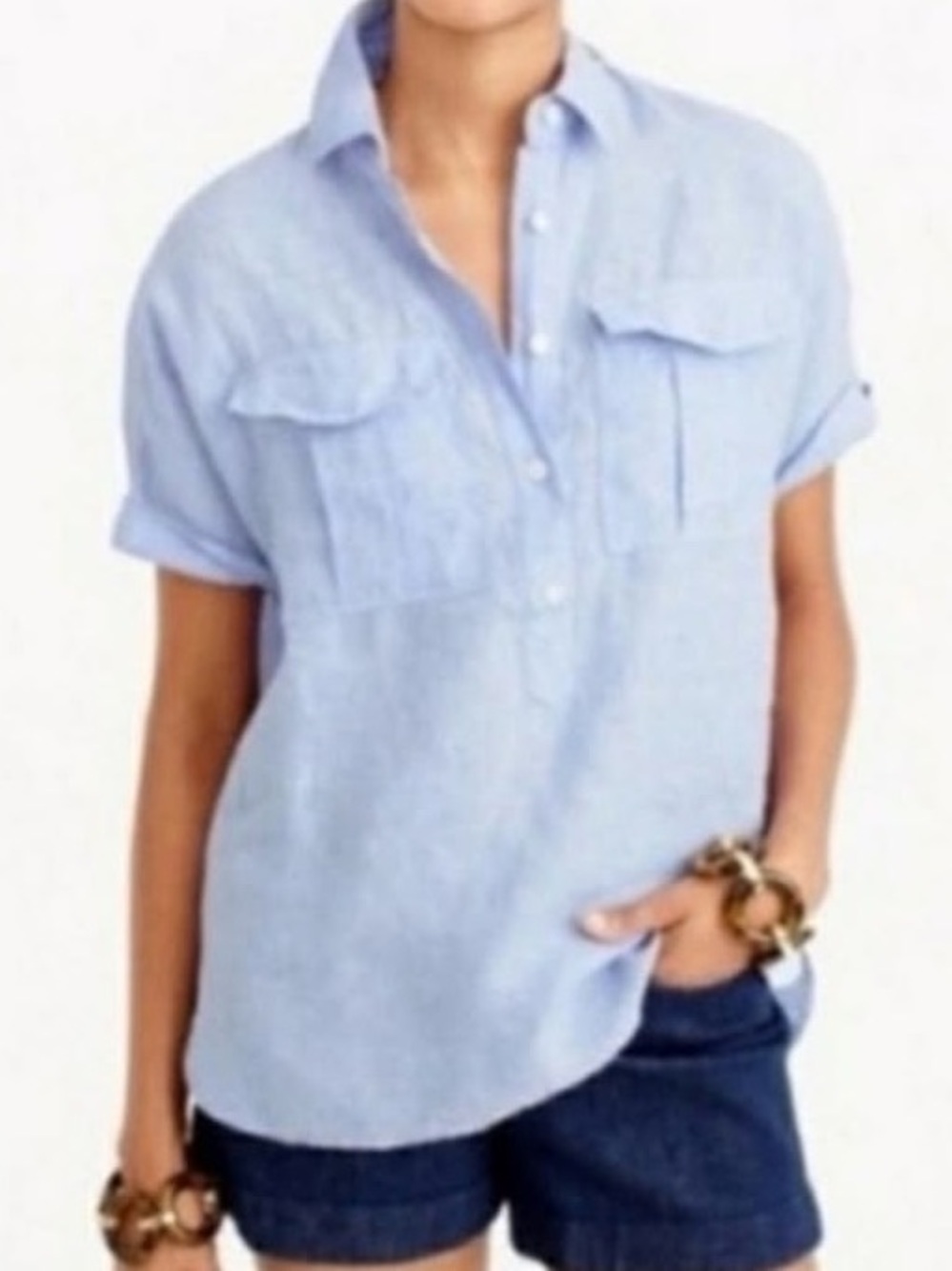J. Crew Light Blue Irish ☘️ Linen-Short Sleeve Button Placket Shirt